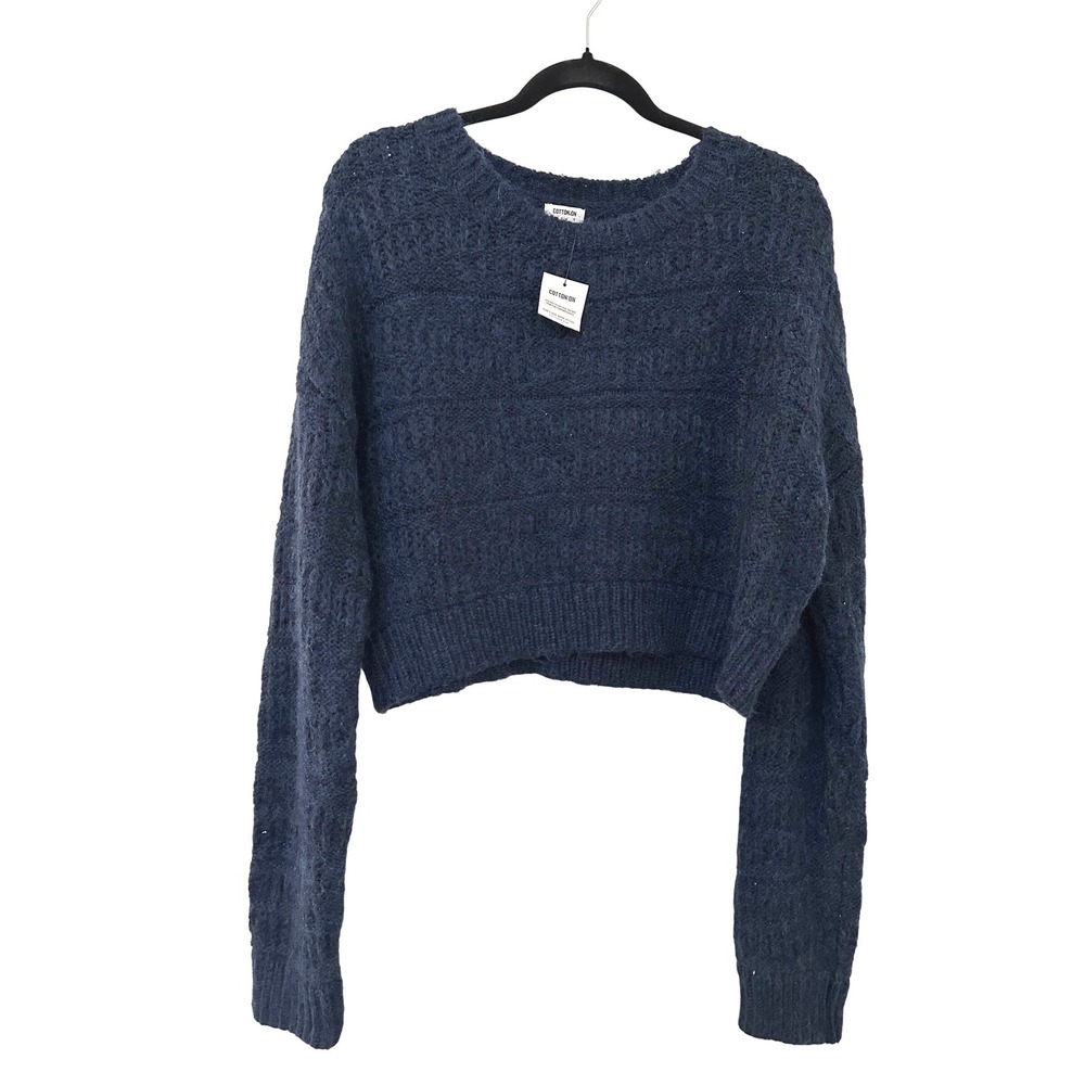 Cotton On Womens Navy Blue Fuzzy Cropped Knit Sweater Size S Wool Blend Minimal